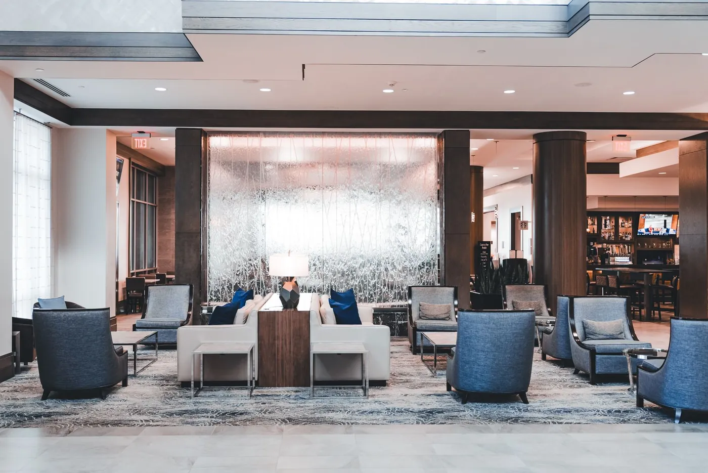 Modern lobby with seating and open circulation space.