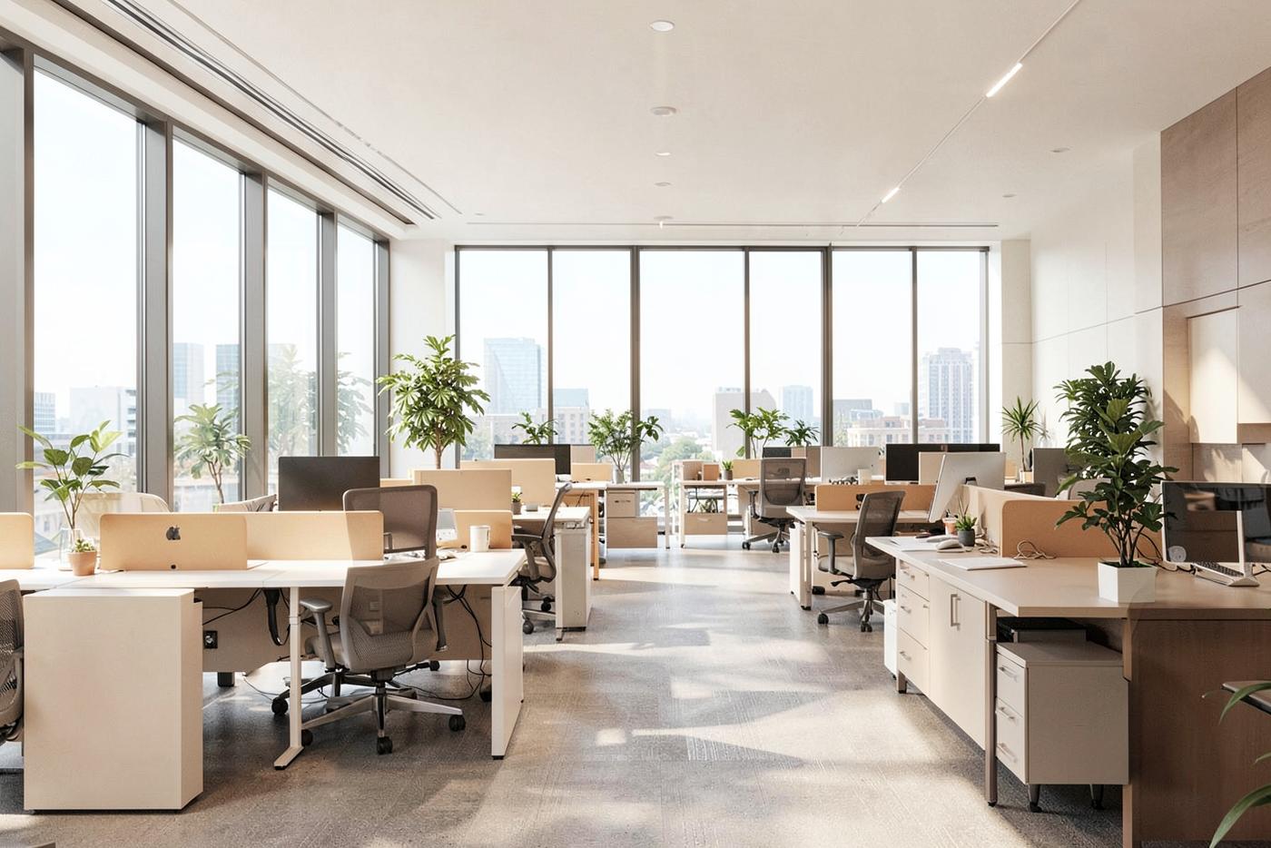 Bright open-plan commercial workspace with large windows, desks and indoor plants.