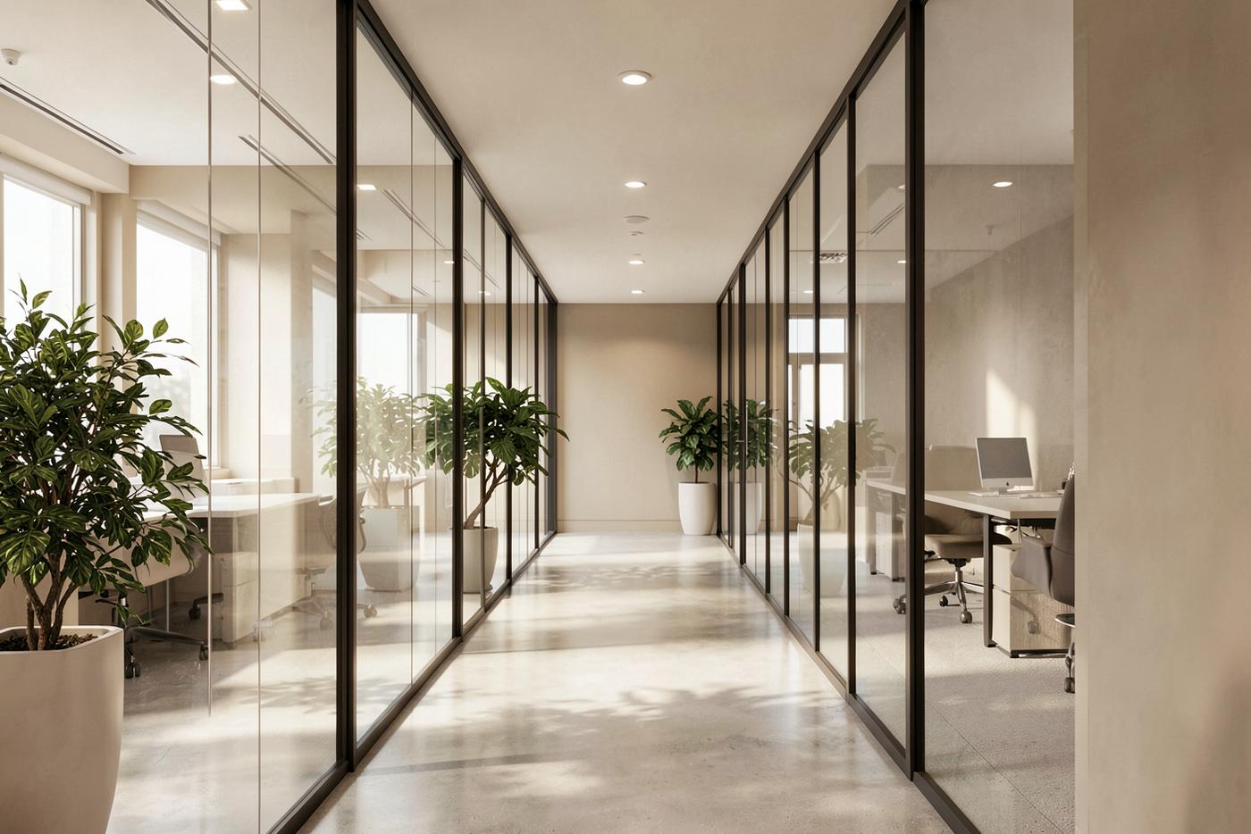 Modern commercial office corridor with glass walls, natural light and indoor plants.