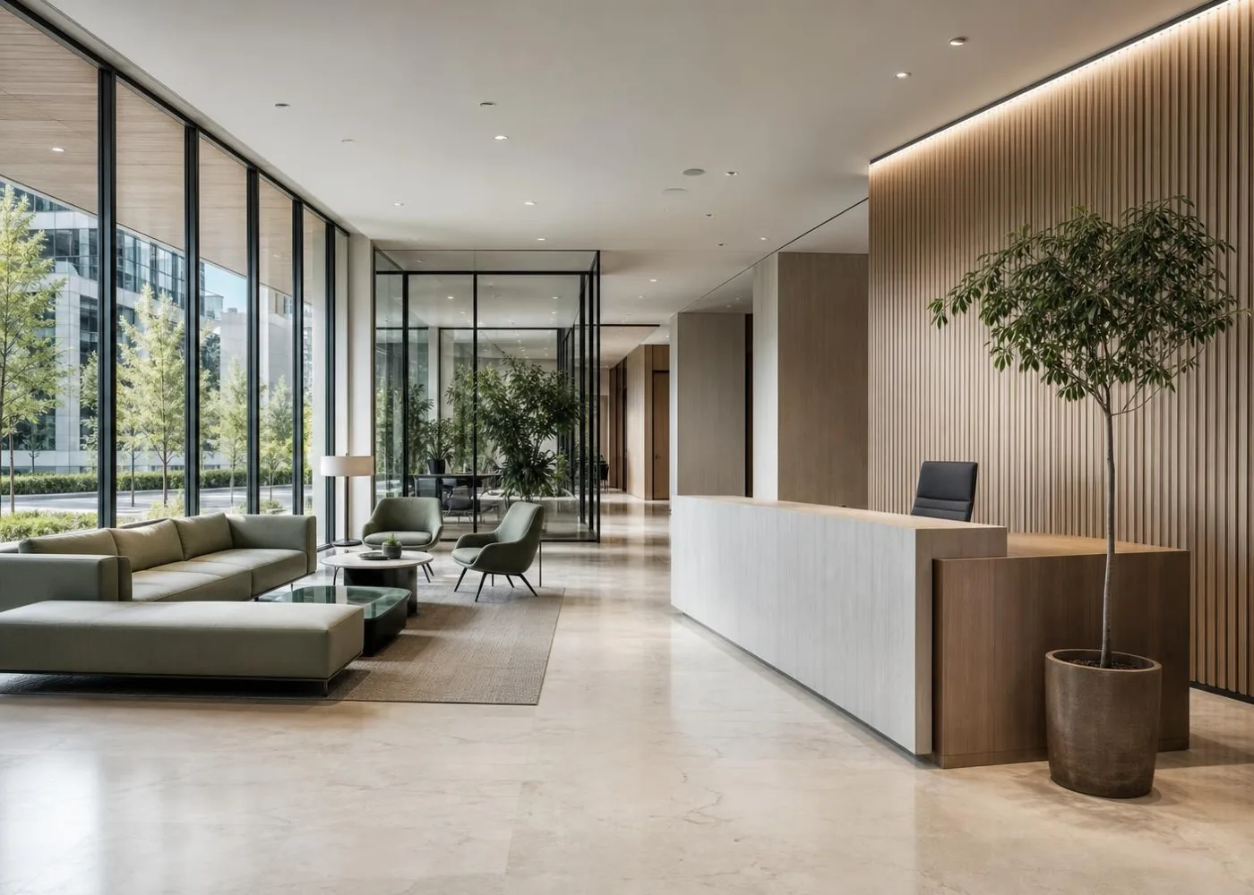 Bright corporate reception lobby with floor-to-ceiling glass, pale stone floors, lounge seating and indoor plants.